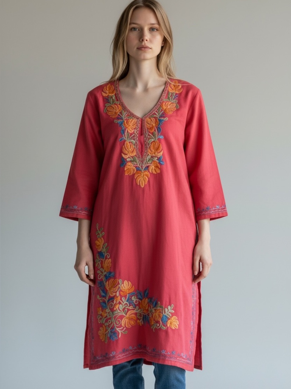 Coral Embroidered V-Neck Women’s Tunic Long Boho